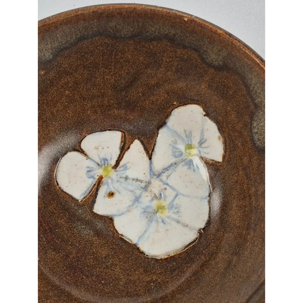 Signed Studio Art Pottery Bowl Blue White Flowers Handmade Ceramic Trinket Dish